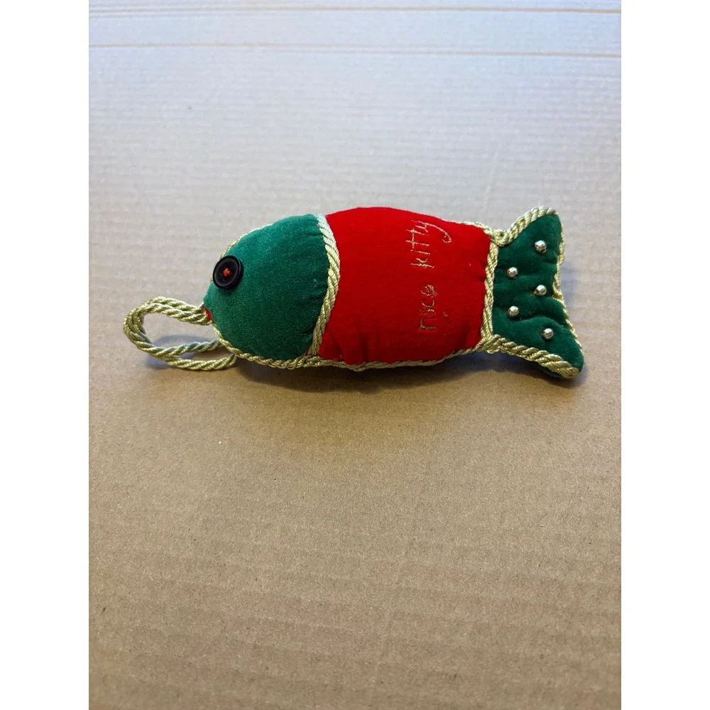 Vintage Fish Kitty Plush Ornament Red Green Gold Cord Cat‎ Toy Holiday Decor